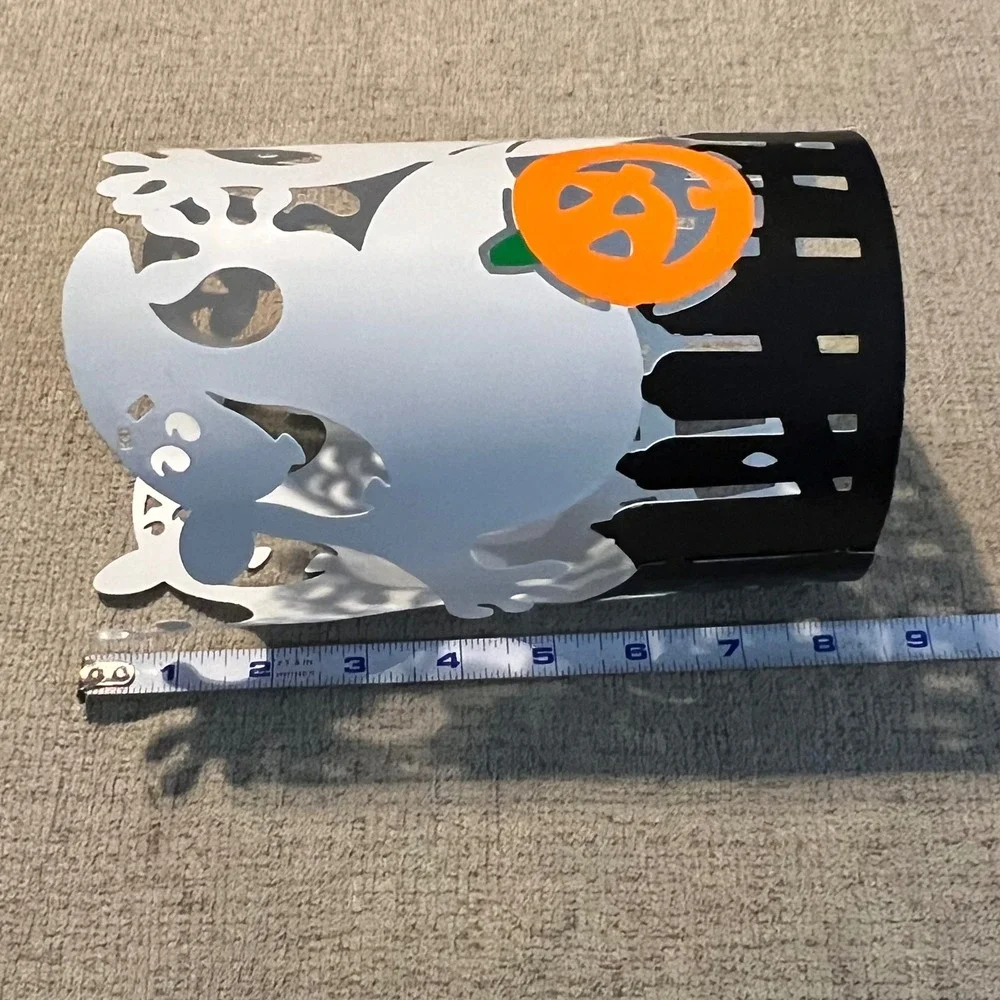Halloween Ghost Pumpkin Metal Candle Holder Sleeve Picket Fence Decor 8.5 Inch